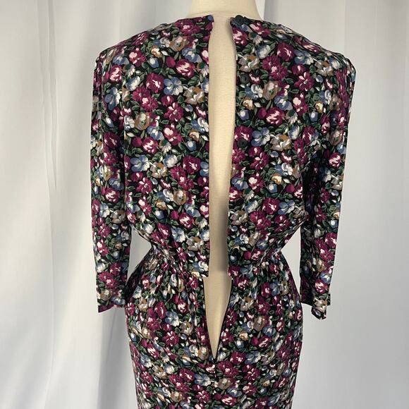 Vintage Midi Dress Size Medium Black Burgundy Floral Lace Cottage Garden 90s - Picture 10 of 16